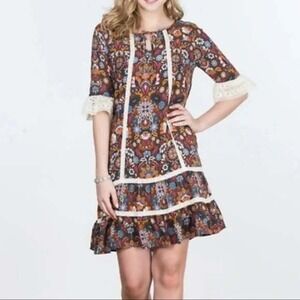 Matilda Jane Intermission Shift Dress XL Boho Floral Paisley Crochet Lace Trim